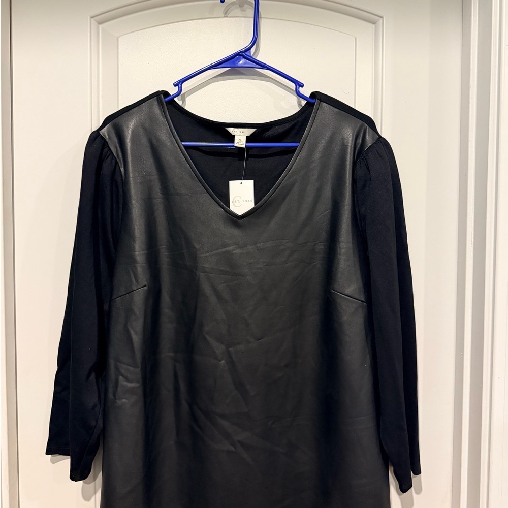 Cato Black Faux Leather V-Neck Blouse